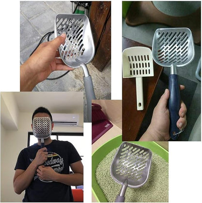 Non-Stick Metal Cat Litter Scoop with Long Handle, Solid Aluminum Alloy Deep Shovel, Kitten Pooper Lifter Scoop with Hole, Durable Kitty Litter Box Scooper Poop Sifter (Dark)