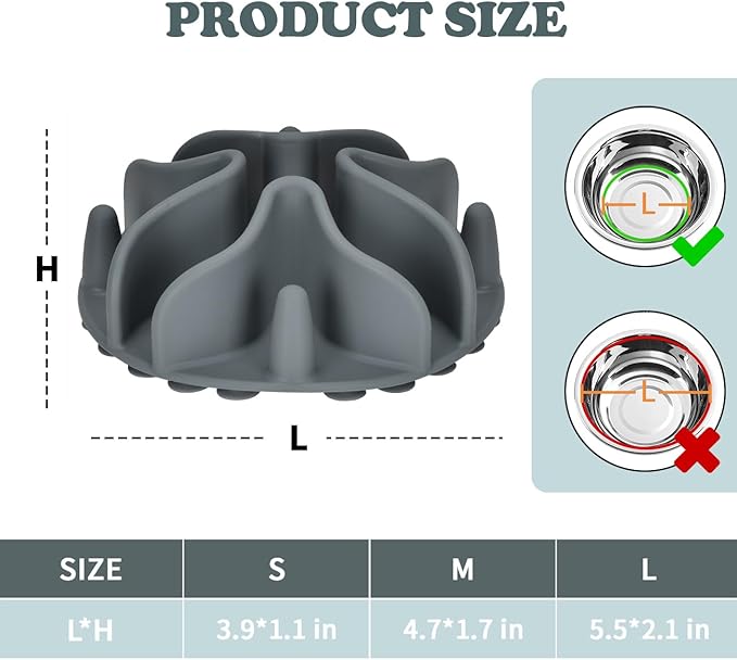 Slow Feeder Dog Bowls Insert, Silicone Slow Feeder Bowl with Strong Suction Cups Perfect for Stainless Steel Glass Ceramic Dog Bowls (Grey, Large Size)