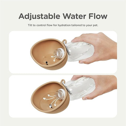 Portable Dog Water Bottle Bowl, for Travel, for Outdoor Activities, BPA Free Silicone Body, Easy to Clean, Dishwasher Safe, Carabiner Included (Brown)