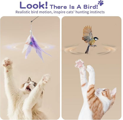 Pawaboo Feather Teaser Cat Toy, Interactive Feather Wand Cats Toy Flying Feathers Cat Catcher with Extra Long 34.5" Wand and Small Bell, Exerciser Playing Toys for Kitten or Cats, Purple
