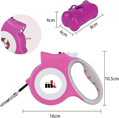 Retractable Dog Leash with LED Light Makife 5m Extendable Dog Lead for Small Medium Puppis up to 25kgs, One-Hand Brake & Lock System, Ergonomic Handle - Pink