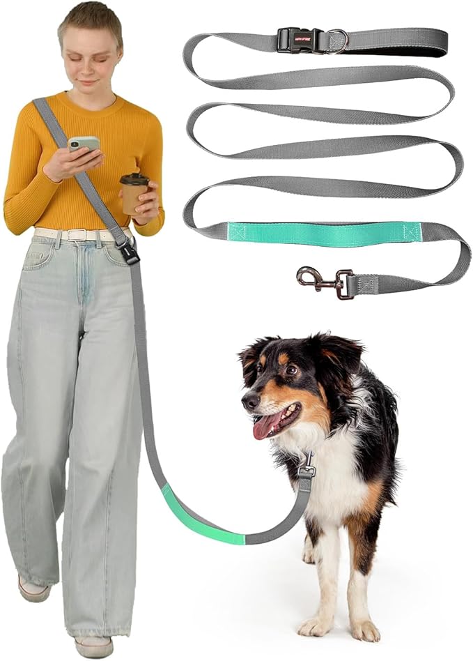Hands Free Dog Leash, 5.1-8.9Ft Crossbody Long Leash, Waist Dog Belt for Small & Medium Dogs, City Walking & Running Outdoor Hiking &Travel etc. (Grey Green)