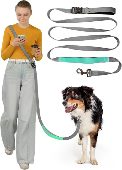 Hands Free Dog Leash, 5.1-8.9Ft Crossbody Long Leash, Waist Dog Belt for Small & Medium Dogs, City Walking & Running Outdoor Hiking &Travel etc. (Grey Green)