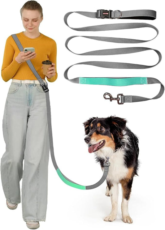 Hands Free Dog Leash, 5.1-8.9Ft Crossbody Long Leash, Waist Dog Belt for Small & Medium Dogs, City Walking & Running Outdoor Hiking &Travel etc. (Grey Green)
