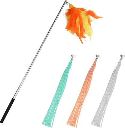 Andiker 5Pcs Retractable Cat Wand Toy, Cats Toy Set Contains 1 Feather Teaser & 3 Replaceable Tassels with Bell Stimulate Cats Hunting and Chasing Instincts Interactive Cat Toys (Orange)