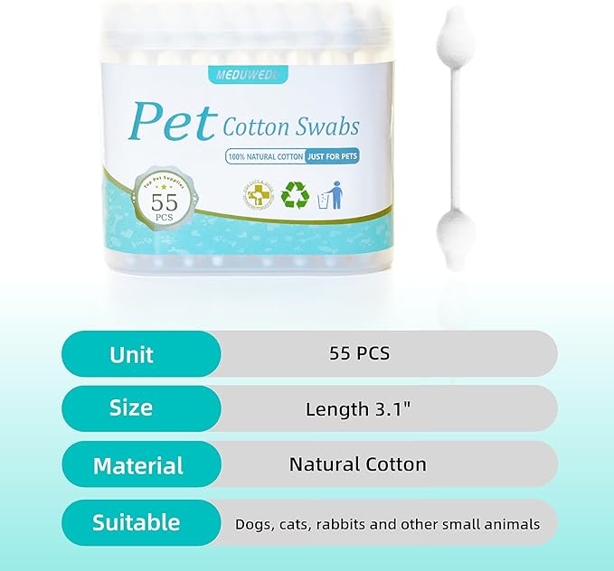Pet Cotton Swabs, 55 Count｜Gourd-Shaped Tips｜Soft Cotton & Paper Stick｜Dog & Cat Ear Cleaner Swabs｜Safe Grooming Tool for Pets