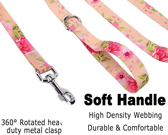 Dog Collar and Leash Set with Bohemia Floral Tribal Geometric Patterns - Soft Ethnic Style Collar Adjustable for Small Medium Large Dogs(Pink Rose Set,S)