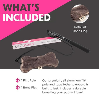 SwiftPaws Flirt Pole Toy - For Dogs - Extendable to 48” and Collapsible to 16” - All Aluminum + Paracord Line - Provides Exercise and Stimulation - For Playful Enrichment - Includes Durable Bone Flag