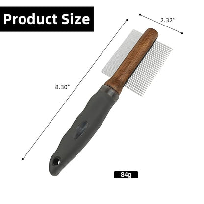 2-in-1 Dog Dematting&Deshedding Comb with Wooden Handle Double-Sided Fine&Wide Teeth Dematting Comb Pet Flea Comb for Dogs and Cats Remove Loose Hair Tangles Dirt Fleas