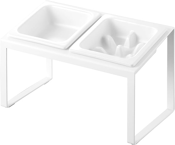 Yamazaki Home Slow Feeder Ceramic Pet Bowl with Elevated Stand – Small, Ceramic Bowl Set with Anti-Choking Puzzle for Cats and Small Dogs, Angled Design, White - 0.75 Cups, 180 ml