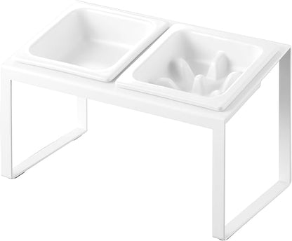 Yamazaki Home Slow Feeder Ceramic Pet Bowl with Elevated Stand – Small, Ceramic Bowl Set with Anti-Choking Puzzle for Cats and Small Dogs, Angled Design, White - 0.75 Cups, 180 ml