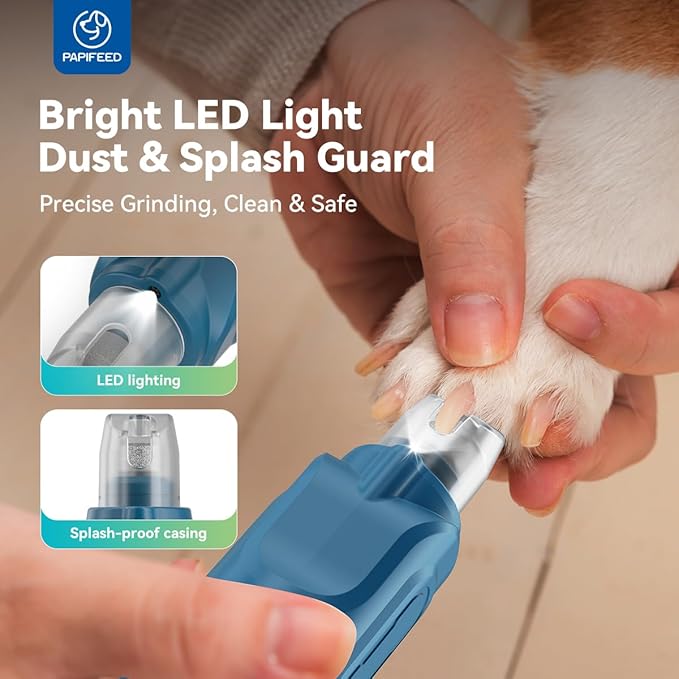 PAPIFFEED 6 Speed Pet Nail Grinder with Dual LED Lights, Rechargeable Dog Nail Trimmer with Dust Proof Cover, Type-C Charging Powerful Torque Pet Nail Clipper for Small Medium Large Dogs Cats(Blue)