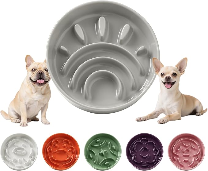Ceramic Slow Feeder Dog Bowl - Feeding Dish for Fast Eaters - Maze Dog Bowl to Slow Down Eating - Ideal Food Control Dish for Small Breeds - 0.8 Cups (80g) - 6.3 Inch - Grey