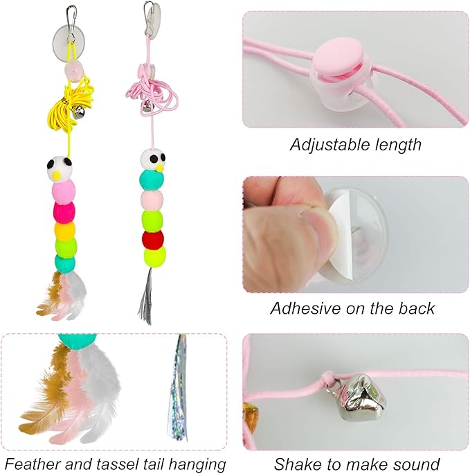WishLotus Interactive Cat Toys, 2 PCS Retractable Hanging Door Self-Playing Cat Feather Toy, Soft and Cute Caterpillar Cat Toy with String, Sticky Hook and Bell for Cat Playing and Killing Time (A)