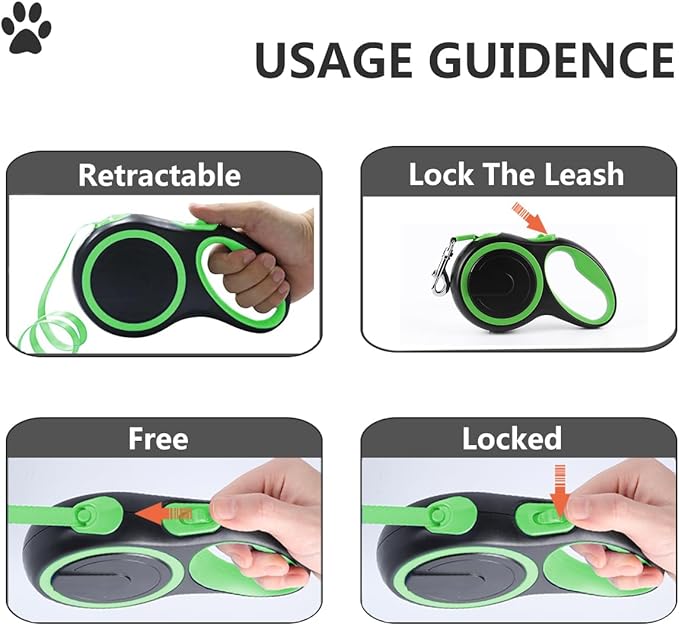 Dual Retractable Dog Leash for 2 Dogs (Green) - 16ft Heavy Duty Leash with One Button Lock & 360° Tangle-Free Design, for Medium/Large Dogs up to 110lbs/50kg