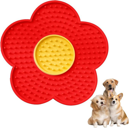 Aislor Slow Feeder Lick Mat for Dogs Cats Flower Shape Silicone Licking Pad Mental Stimulation Toy to Slow Down Eating Red One Size
