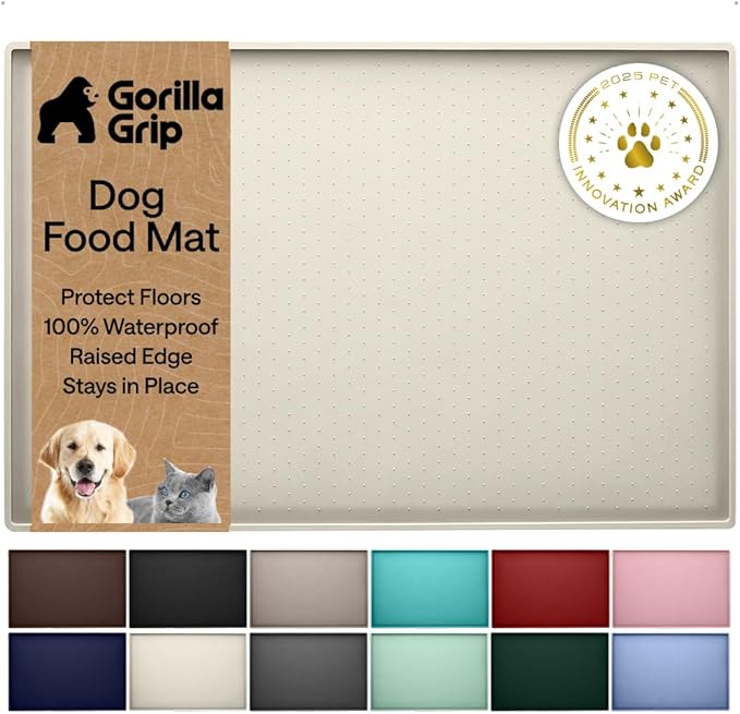 GORILLA GRIP 100% Waterproof Raised Edge BPA Free Silicone Pet Feeding Mat, Dog Cat Food Mats Contain Spills Protects Floors, Placemats for Cats and Dogs Water Bowl, Pets Accessories 16x10, Cream