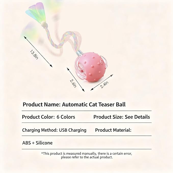 Interactive Cat Toys for Indoor Cats with 3 Interchangeable Tails - Automatic Moving & Chirping Ball, Self Play Toy for Playful Kittens & Bored Cats Home Alone (Pink)