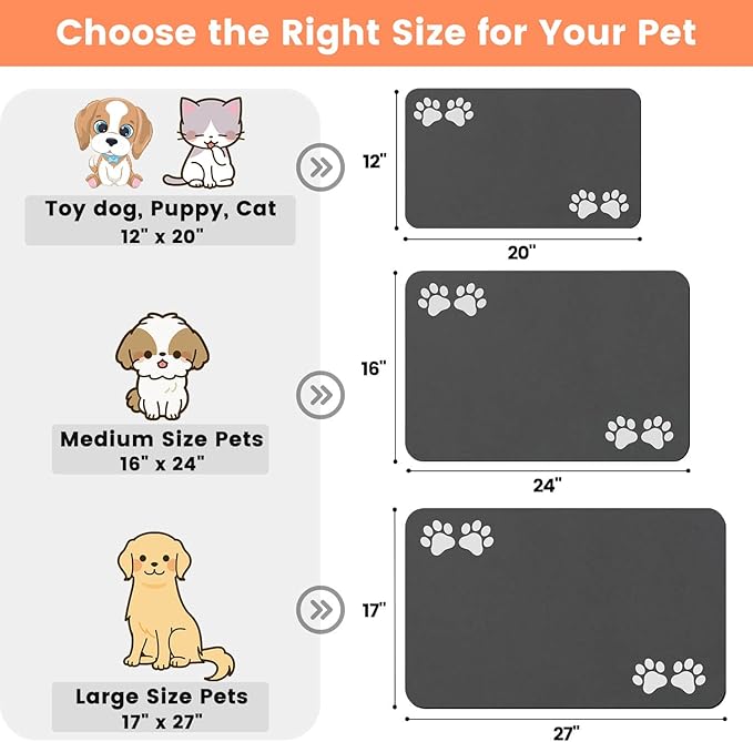 Pet Feeding Mat-Absorbent Pet Placemat for Food and Water Bowl, Dog Food Mat with Waterproof Rubber Backing, No Stains Quick Dry Water Dispenser Mat for Dog and Cat, Dark Gray-17"x27"