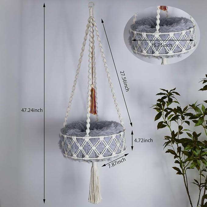 Macrame Cat Hammock, 47.24 * 15.74INCH, Cat Swing with Plush Bed for Sleeping, Playing, Climbing, and Lounging