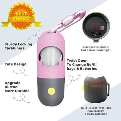 Dog Poop Bag Dispenser with Built-in LED Flashlight and Metal Clip for Leash, Pet Waste Bag Holder, Dog Walking Accessory (Pink)