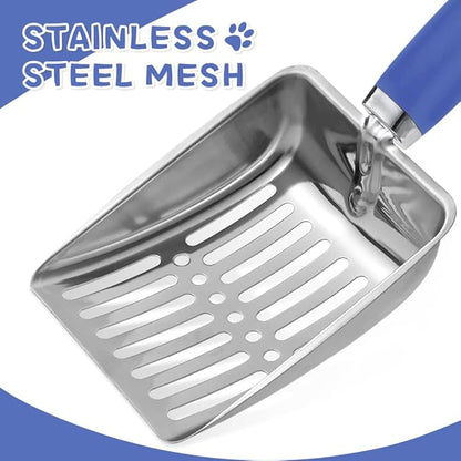 Cat Litter Scoop - Metal Cat Litter Scoop - Stainless Steel Scoop for Cats - Sturdy Metal Mesh - Rubber Handle - Easy to Clean, Suitable for Cat Litter Boxes (Blue)