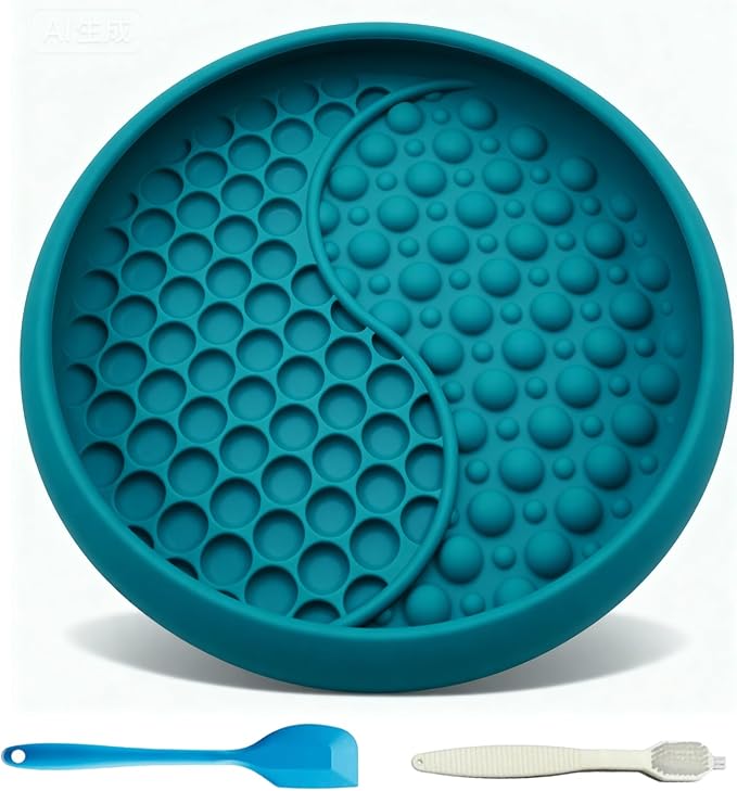 Dog Lick Bowl, Non-Slip Slow Feeder Dog Bowl, Silicone Licking Mat with Treat Dispenser, Entertainment Dog Puzzle Play, Feeder Bowl to Relieve Anxiety, Dishwasher Safe,with Brush & Spatula(Dark Teal)