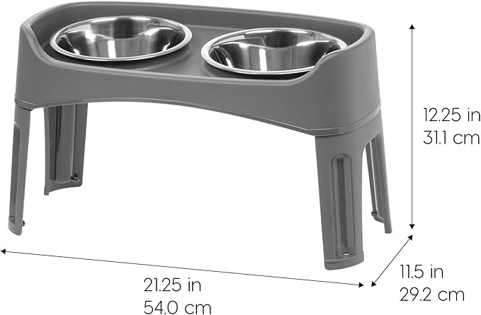 IRIS USA Adjustable Elevated Dog Bowls, Raised Feeder with 2 Stainless Steel 64 oz Bowls, Spill-Guard Rim, 12.25" or 4.63" Heights, Durable Plastic, Made in USA, Dark Gray