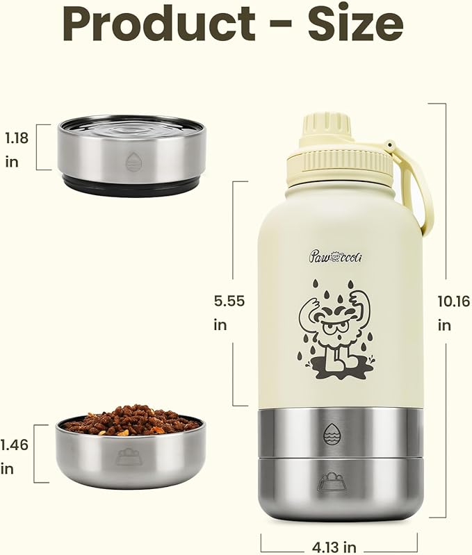 34oz Dog Water Bottle, Stainless Steel Dog Water Bottle Dispenser with Detachable Food & Water Bowls, Keeps Water Hot/Cold, for Walking, Hiking, Camping(Cream)