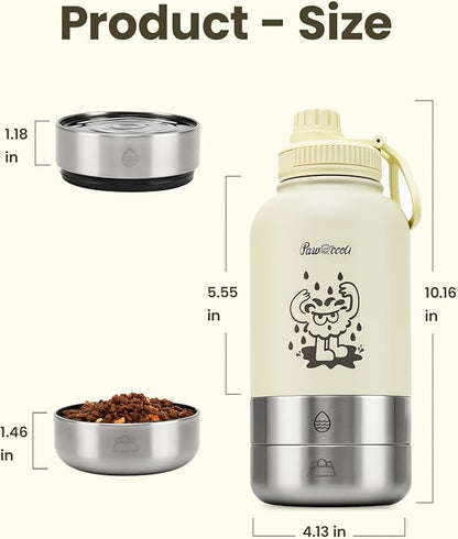 34oz Dog Water Bottle, Stainless Steel Dog Water Bottle Dispenser with Detachable Food & Water Bowls, Keeps Water Hot/Cold, for Walking, Hiking, Camping(Cream)