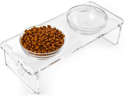 Elevated Dog Bowls for Medium Dogs – 5.5” Acrylic Raised Pet Feeder Stand with 2 Stainless Steel & 2 Glass Removable Bowls – Food & Water Dish Set