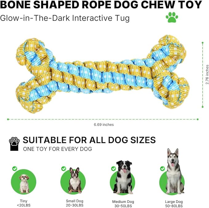 Knot Rope Dog Bone Toy - Glow in the Dark Interactive Dog Chew Toy, Pet Teeth Cleaning Dental Toy for Small, Medium, and Large Dogs - Durable Material
