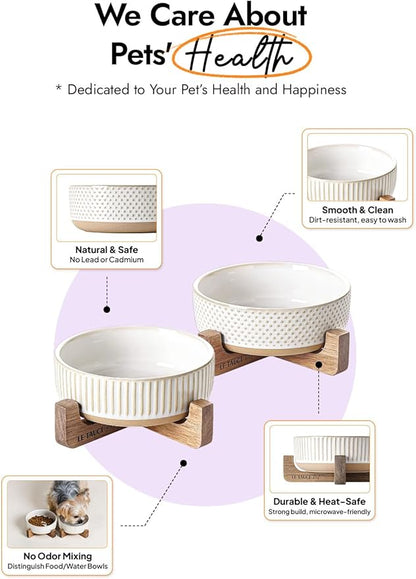 LE TAUCI PET Dog and Cat Bowl Set with Acacia Wood Stand - 2 Cup Ceramic Puppy Bowls for Cats &Small Dogs, Dual Food and Water Bowls with Weighted Non-Slip Base, Lines+Dot