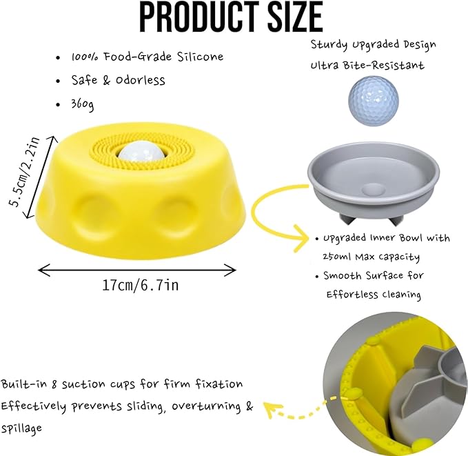 Silicone Lick Bowl for Dogs with Suction Cup, Anti-Slip Slow Feeder, Upgraded Chew-Resistant Ball & Anti-Disassembly Design, 250ml Capacity, Dishwasher Safe, for Small Medium Large Pets(Yellow)