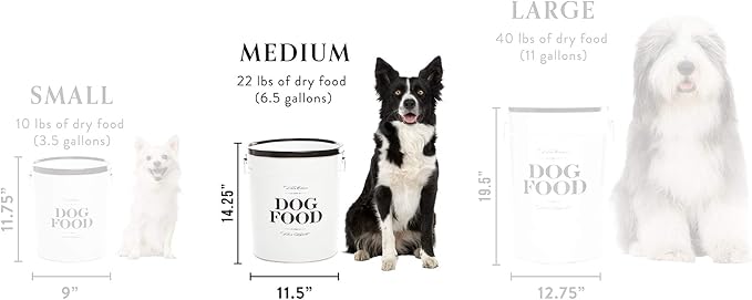 Harry Barker Bon Chien Dog Food Storage Canister – Medium 6.5 gallons, Airtight Stainless Steel Pet Food Container, Stylish Kitchen Counter Dog Kibble Storage with Easy-Open Lid - White