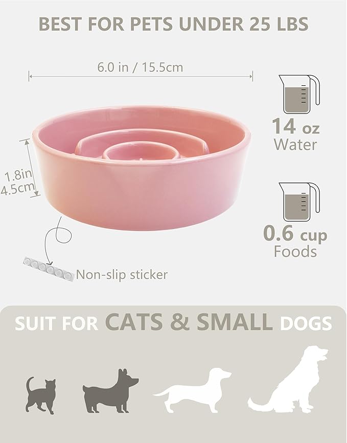 Ceramic Slow Feeder Dog Bowls, 0.6 Cup Slow Feeder for Small Dogs, Puzzle Maze Bowl, Prevents Choking, 6in, Pink