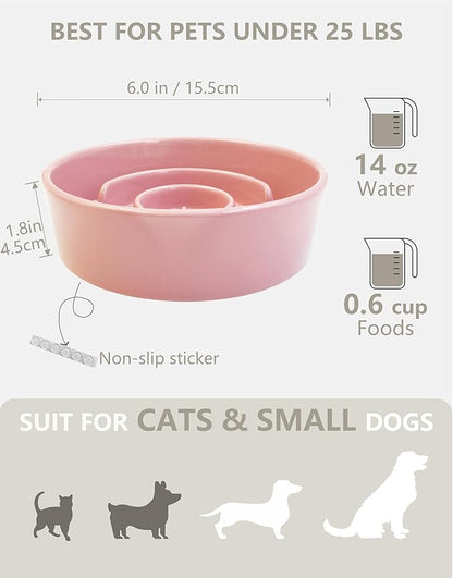 Ceramic Slow Feeder Dog Bowls, 0.6 Cup Slow Feeder for Small Dogs, Puzzle Maze Bowl, Prevents Choking, 6in, Pink