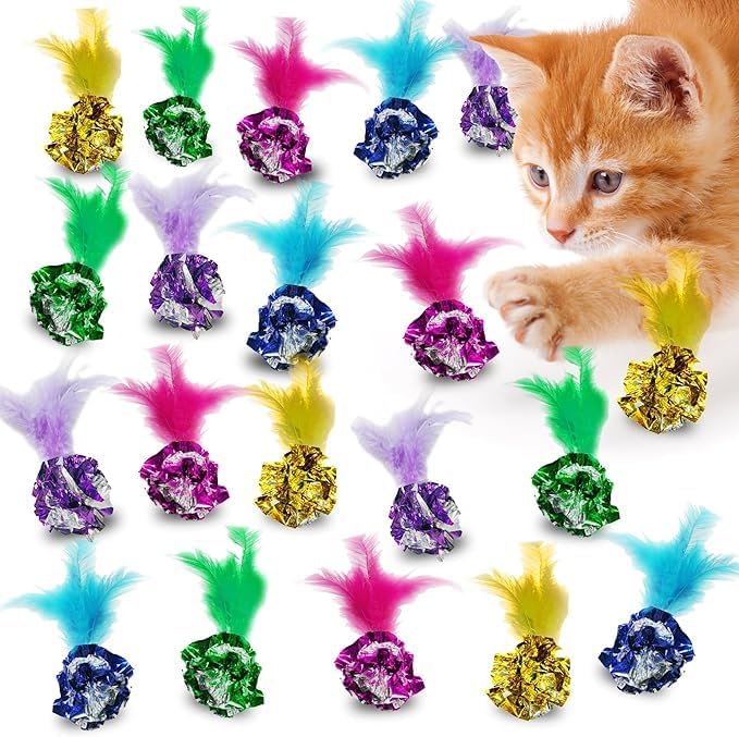 SunGrow Cat Crinkle Balls for Cats, Multicolor with Feather, 20 Pieces, Lightweight Interactive Pet Toy