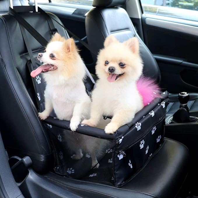 Petbobi Pet Reinforce Car Booster Seat for Dog Cat Portable and Breathable Bag with Seat Belt Dog Carrier Safety Stable for Travel Look Out,with Clip on Leash with PVC Tube (Foot)