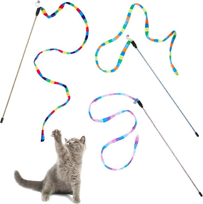3 PCS Interactive Cat Rainbow Wand Toys, Interactive Cat Teaser Wand Toys for Indoor Cats and Kitten Extended Colorful Cats String Toy with Bells Teaser Wands String for Kitten Kitty Exercise Keep Fit