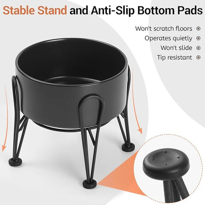 Elevated Dog Bowls, Ceramic Raised Dog Bowl Set with Anti-Slip and Non-Tip Metal Stand, 2 Pack Pet Food and Water Feeding Bowls for Small and Medium Dogs (Black,3.6 Cups)