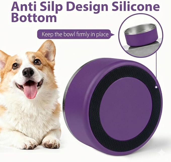Dog Bowl, Stainless Steel Dog Bowls for Food and Water, Metal Pet Feeding Bowl with Insulated Non-Slip Quiet Bottom, Easy to Clean, Dishwasher Safe, 32oz,4 Cup | Purple