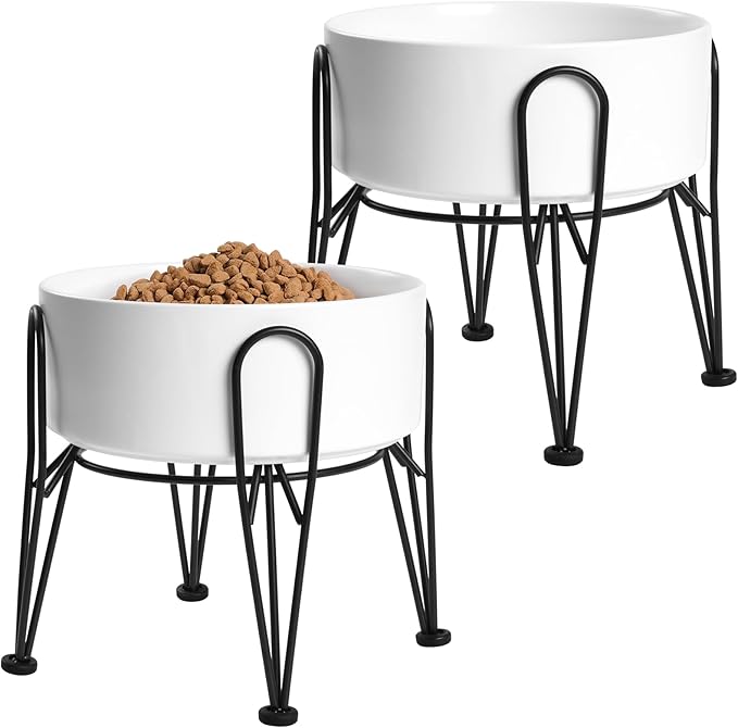 Elevated Dog Bowls, Ceramic Raised Dog Bowl Set with Anti-Slip and Non-Tip Metal Stand, 2 Pack Pet Food and Water Feeding Bowls for Small and Medium Dogs (White,7.6 Cups)