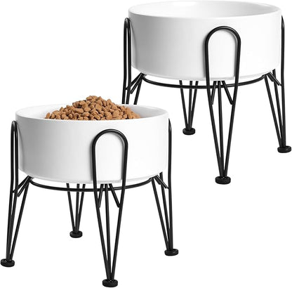 Elevated Dog Bowls, Ceramic Raised Dog Bowl Set with Anti-Slip and Non-Tip Metal Stand, 2 Pack Pet Food and Water Feeding Bowls for Small and Medium Dogs (White,7.6 Cups)