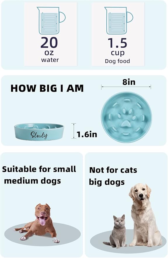 Slow Feeder Dog Bowls, Farmhouse Ceramic Fun Slow Eater Bowl for Perfect for Medium Sized Dogs Turquoise