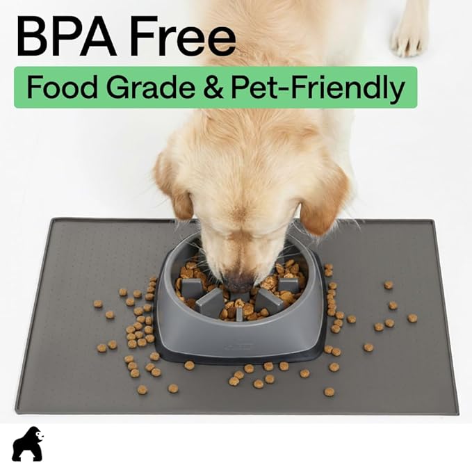 GORILLA GRIP 100% Waterproof Raised Edge BPA Free Silicone Pet Feeding Mat, Dog Cat Food Mats Contain Spills Protects Floors, Placemats for Cats and Dogs Water Bowl, Pets Accessories 16x10, Gray