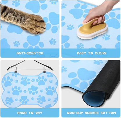 Dog Food Mats for Floors Waterproof, Pet Feeding Absorbent Water Bowl Mat Cat Placemats Blue Bone Shape 23.6 * 15.7 inch