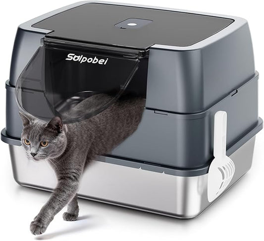 Enclosed Stainless Steel Cat Litter Box, Metal Litter Box with Lid, Hooded Kitty Litter Pan, Non-Stick & Never Absorbs Odors, Durable for Multi Cats (Include Scoop)