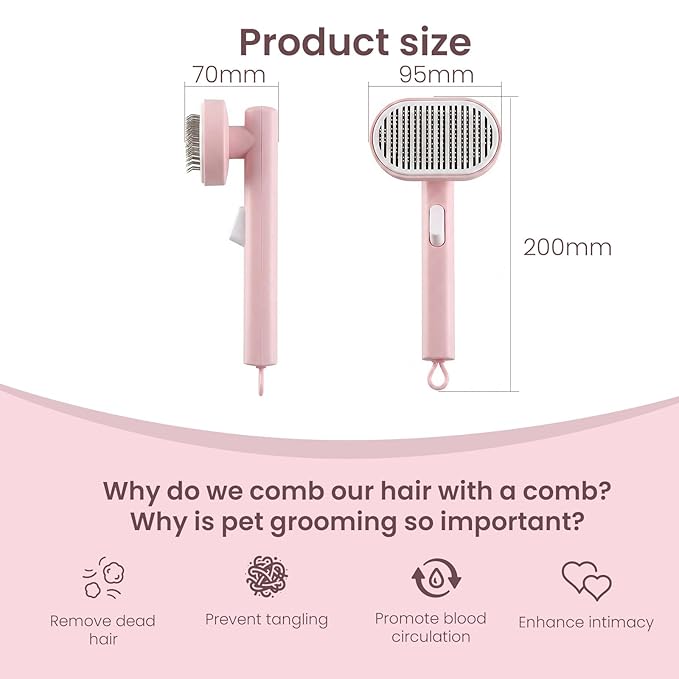 Cat Brush Self Cleaning Pink, Ergonomic Handle Slicker Brush with Release Button, Pet Hair Remover for Cats and Dogs Loose Undercoat