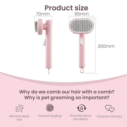 Cat Brush Self Cleaning Pink, Ergonomic Handle Slicker Brush with Release Button, Pet Hair Remover for Cats and Dogs Loose Undercoat